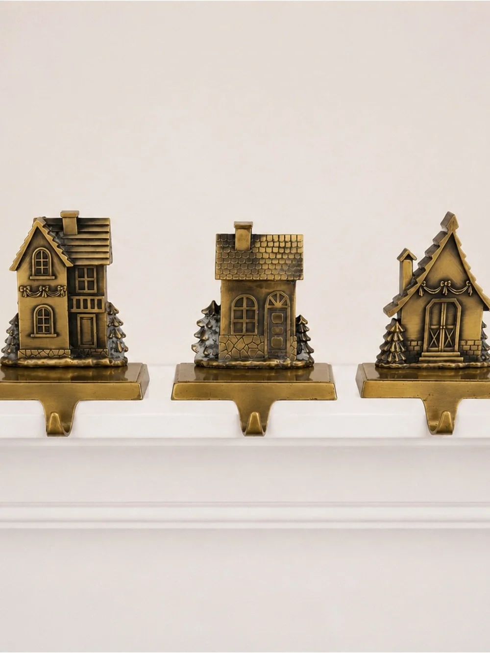 Vintage 1990’s Brass Christmas Village Stocking Holders Set/3 House Mantel Hooks